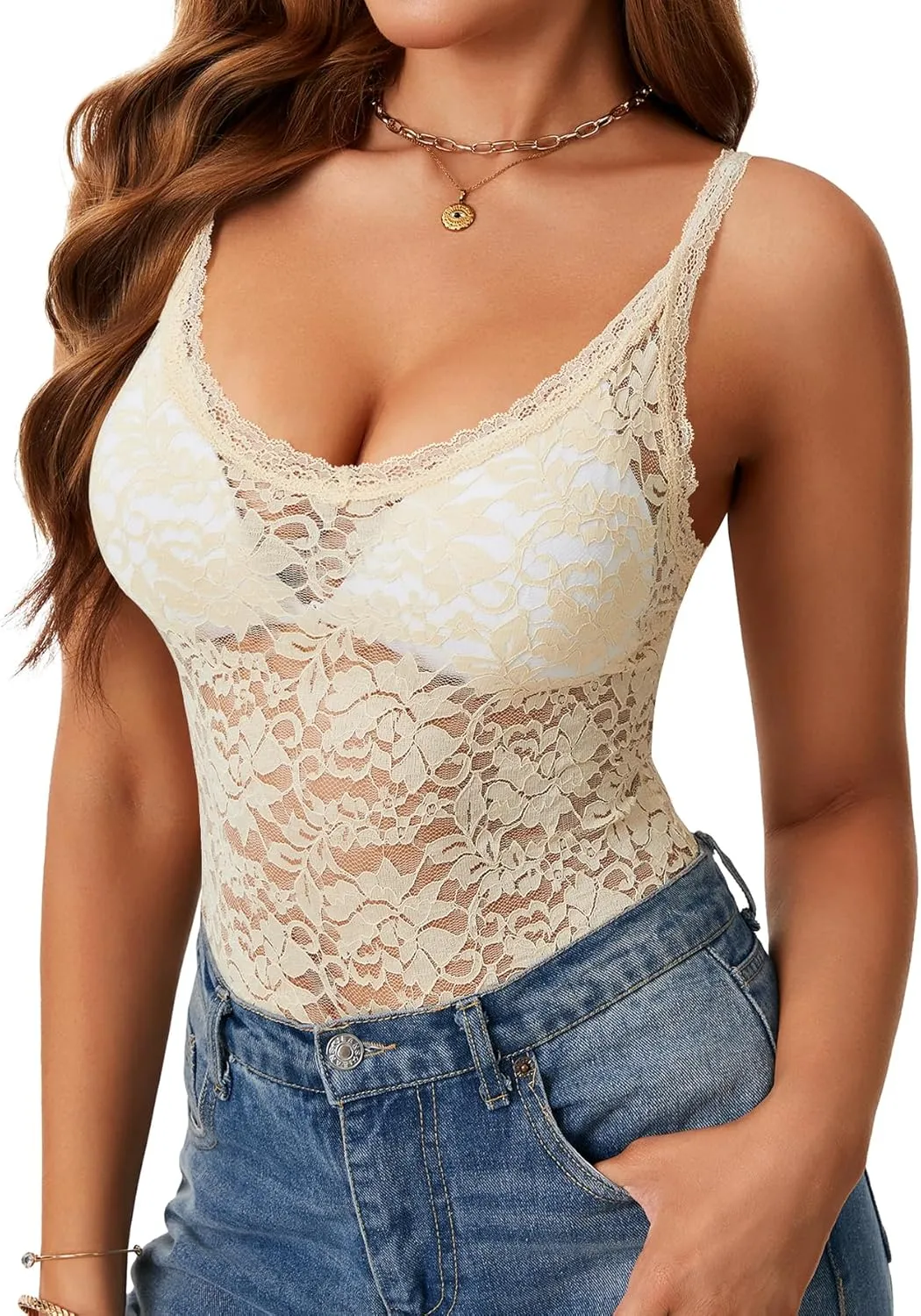 Rooscier Women's Floral Lace Sheer Sleeveless Strap See Through Slim Sexy Cami Tank Top Without Bra