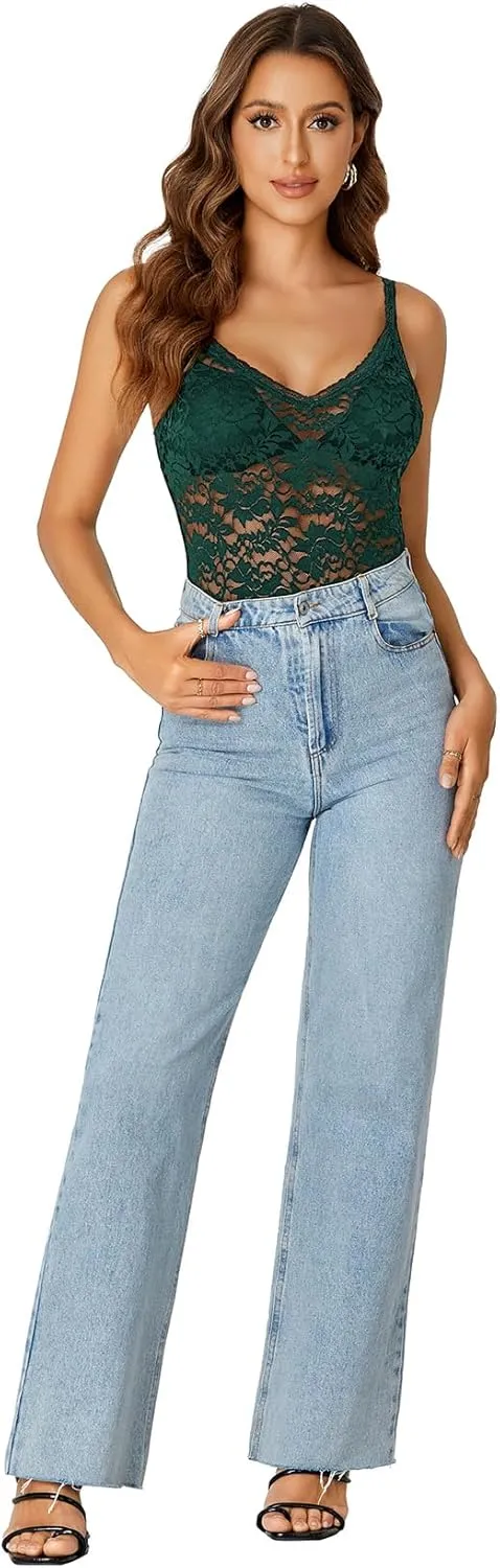 Rooscier Women's Floral Lace Sheer Sleeveless Strap See Through Slim Sexy Cami Tank Top Without Bra