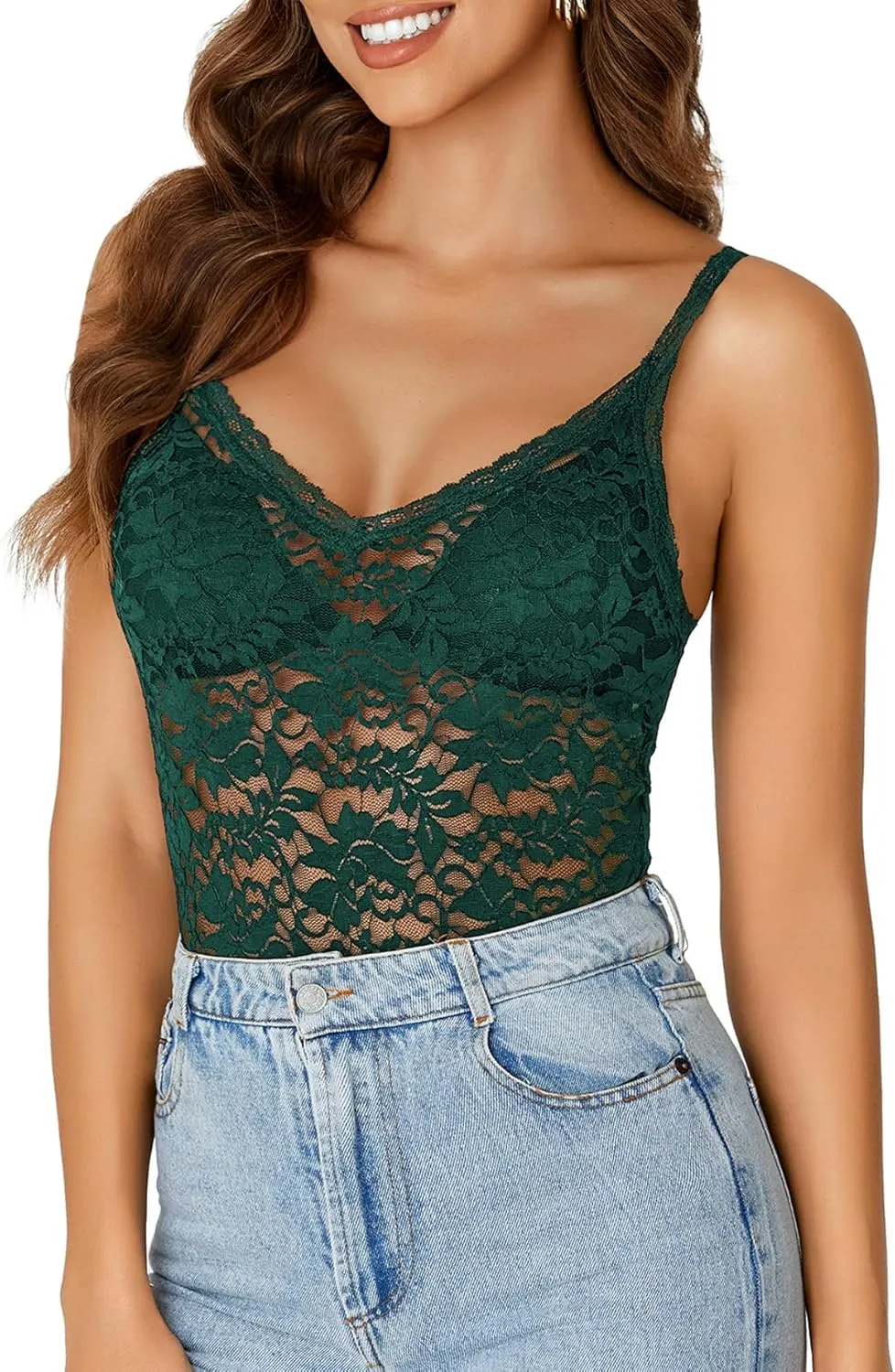 Rooscier Women's Floral Lace Sheer Sleeveless Strap See Through Slim Sexy Cami Tank Top Without Bra