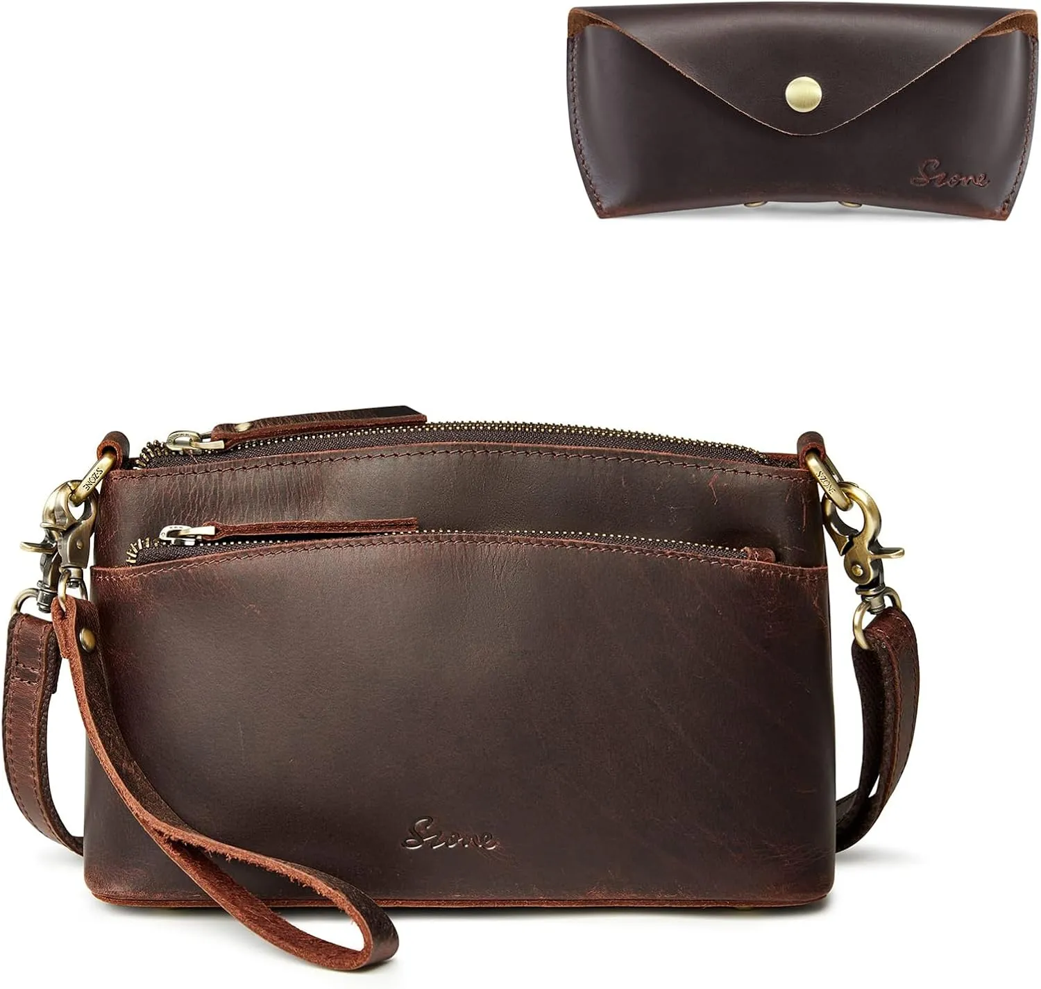 S-ZONE Genuine Leather Crossbody Bags with Glasses Case for Women Sunglasses Eyeglass Shoulder Handbag Wristlet Purse Travel