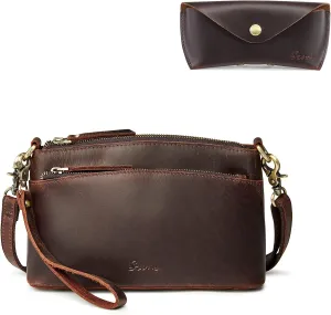 S-ZONE Genuine Leather Crossbody Bags with Glasses Case for Women Sunglasses Eyeglass Shoulder Handbag Wristlet Purse Travel