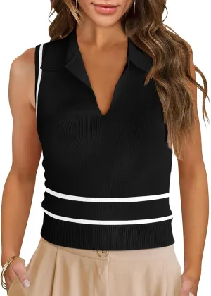 Saodimallsu Womens Sleeveless Cropped Sweater Vest V Neck Collared Color Block Y2k Crop Tank Top Summer Polo Shirts
