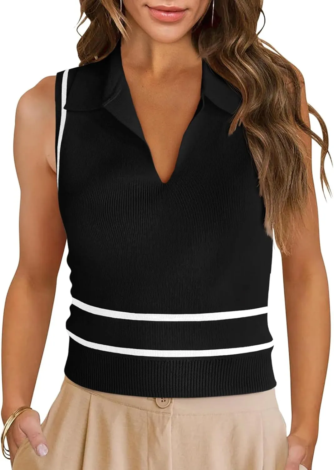 Saodimallsu Womens Sleeveless Cropped Sweater Vest V Neck Collared Color Block Y2k Crop Tank Top Summer Polo Shirts