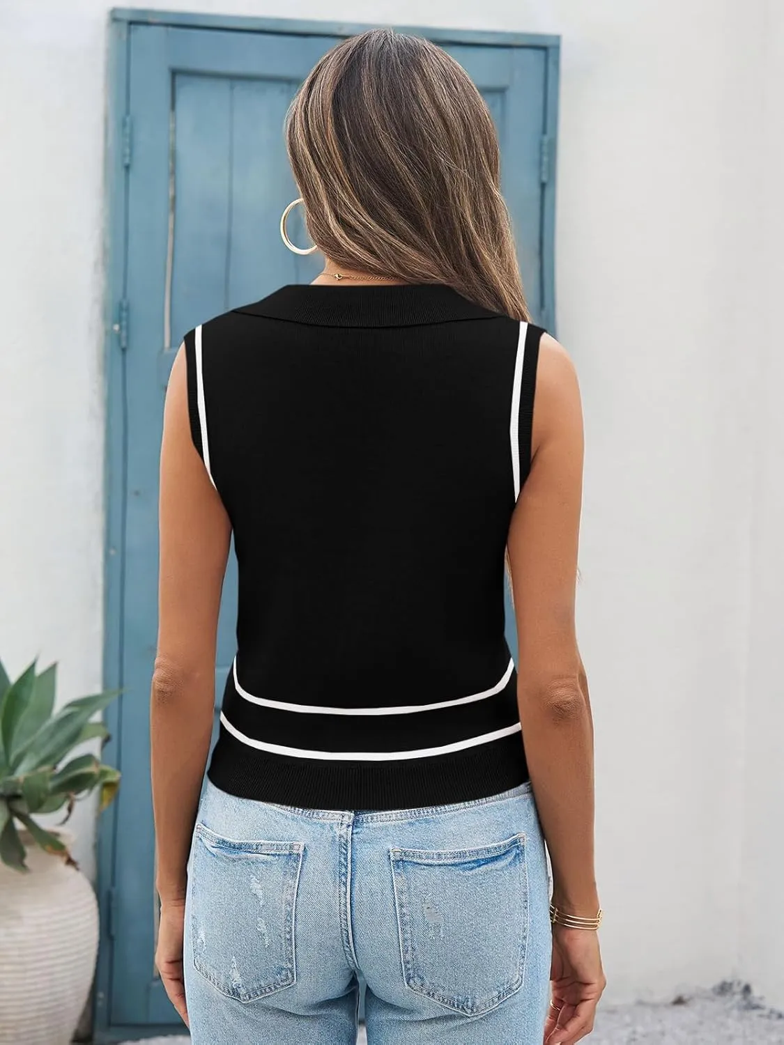 Saodimallsu Womens Sleeveless Cropped Sweater Vest V Neck Collared Color Block Y2k Crop Tank Top Summer Polo Shirts