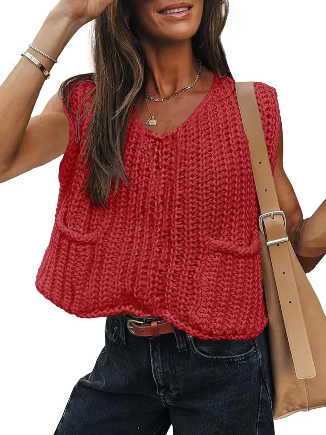 Saodimallsu Womens Summer Cap Sleeve Tops V Neck Chunky Knit Loose Knitted Top Lightweight Cropped Sweater Vest