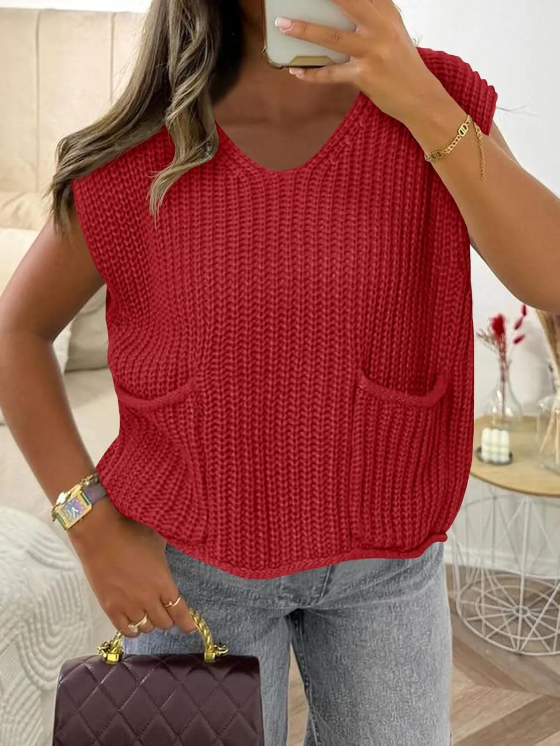 Saodimallsu Womens Summer Cap Sleeve Tops V Neck Chunky Knit Loose Knitted Top Lightweight Cropped Sweater Vest