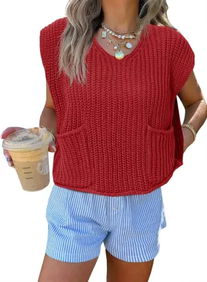 Saodimallsu Womens Summer Cap Sleeve Tops V Neck Chunky Knit Loose Knitted Top Lightweight Cropped Sweater Vest