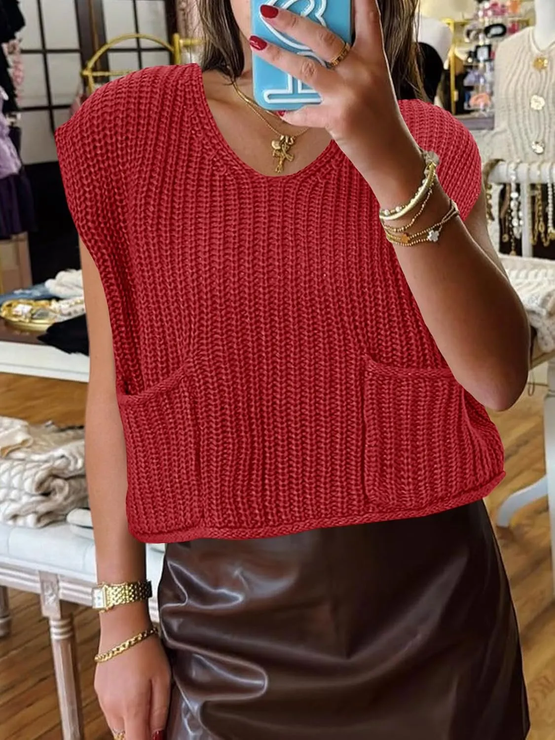 Saodimallsu Womens Summer Cap Sleeve Tops V Neck Chunky Knit Loose Knitted Top Lightweight Cropped Sweater Vest