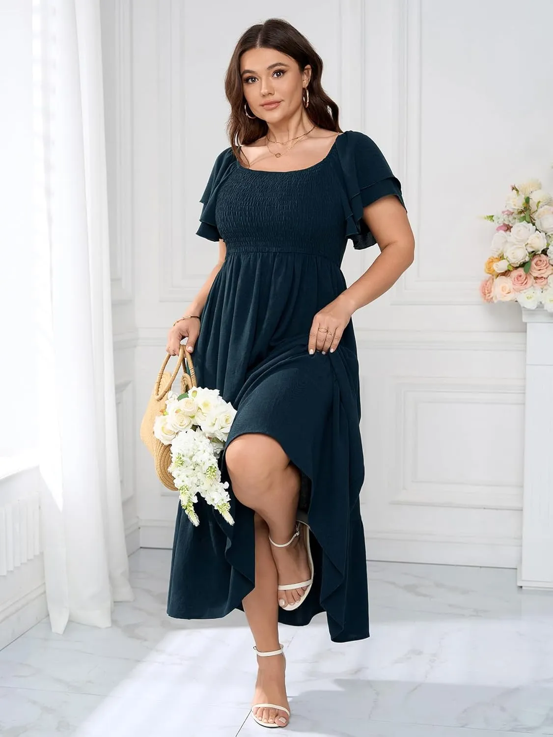 SCOMCHIC Women's Plus Size Maxi Dress Ruffle Sleeve Square Neck Smocked Flowy A-Line Wedding Guest Party Long Dresses