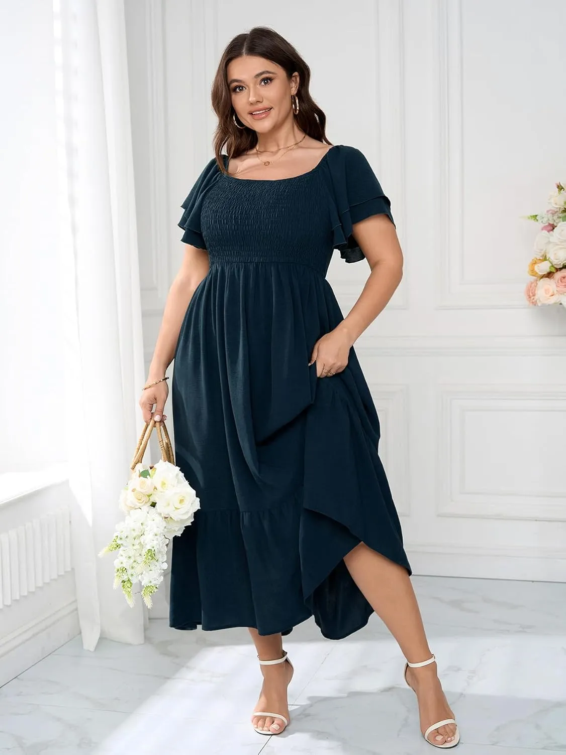 SCOMCHIC Women's Plus Size Maxi Dress Ruffle Sleeve Square Neck Smocked Flowy A-Line Wedding Guest Party Long Dresses