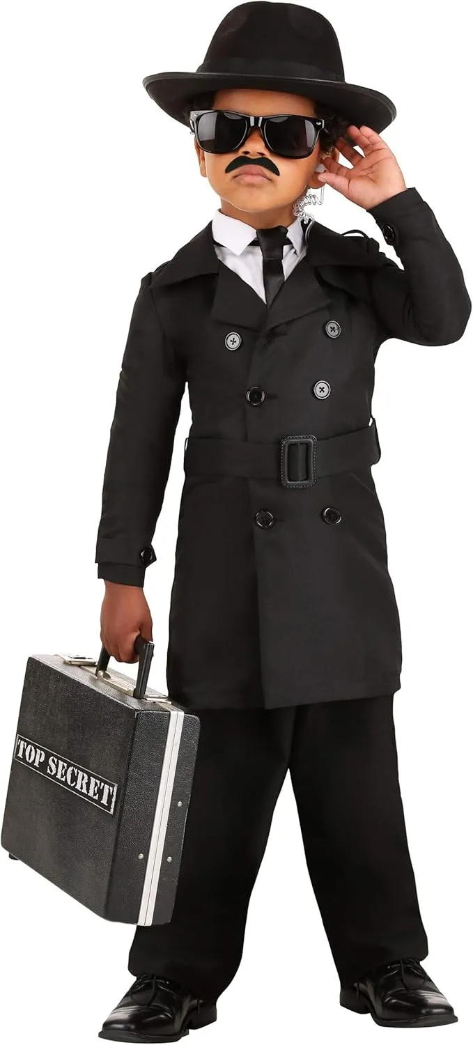 Secret Agent Man Toddler Costume - Trench Coat, Hat, Belt, Sunglasses, Mustache