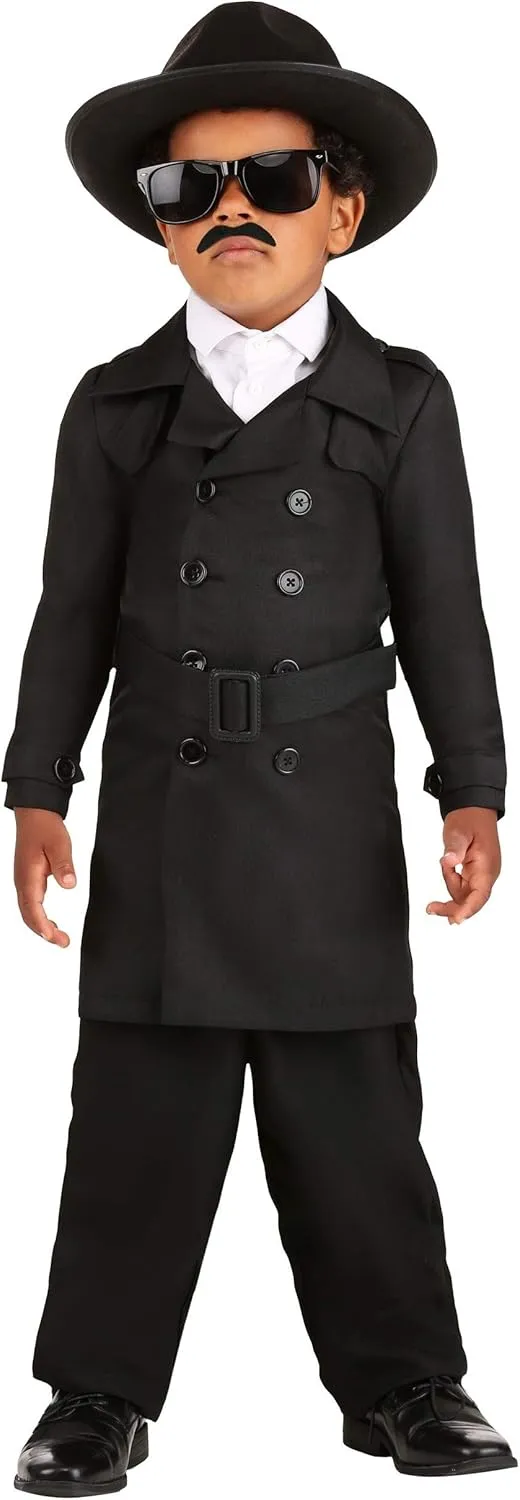 Secret Agent Man Toddler Costume - Trench Coat, Hat, Belt, Sunglasses, Mustache