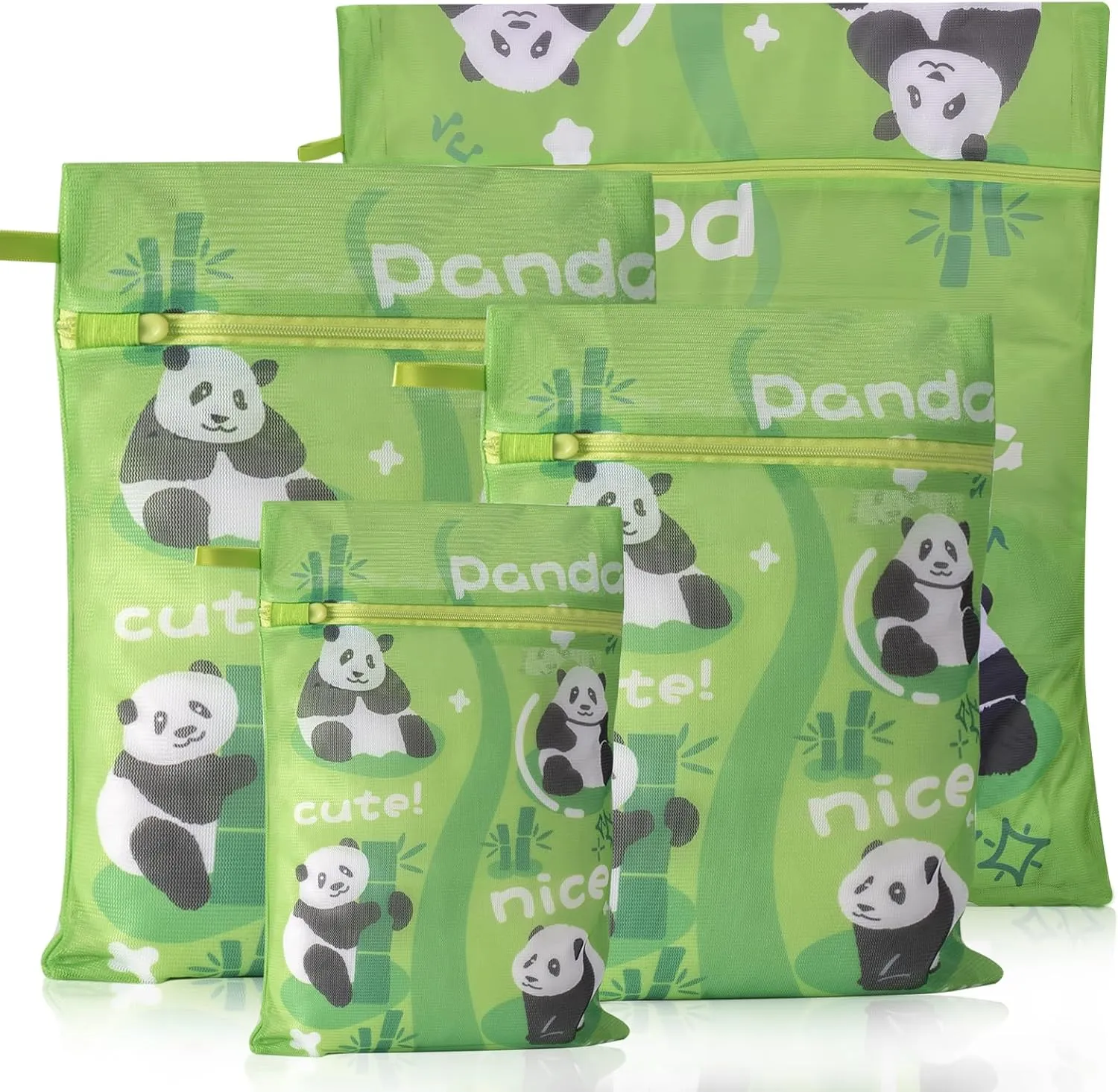 Set of 4 Cute Fine Mesh Laundry Bags (1 Small, 1 Medium, 1 Large, 1 Extra Large) with sturdy zippers, hanging loops and breathable fine mesh for underwear, delicates, pants and socks.