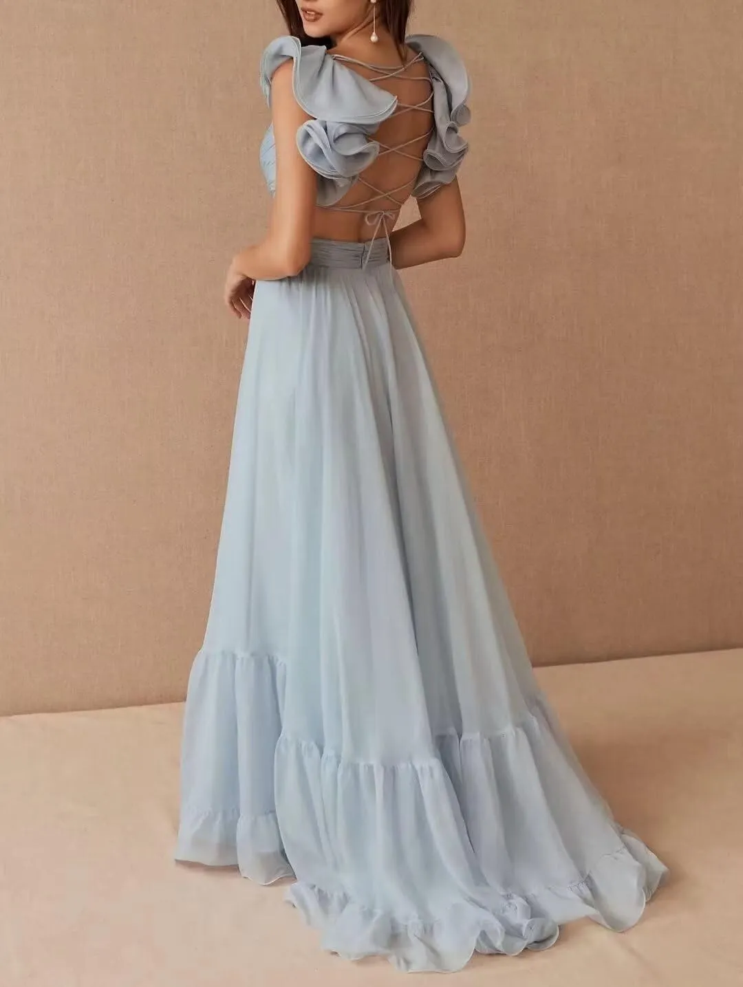 SHANDUAO Backless Chiffon Formal Evening Dresses Ruffles V Neck A Line Bridesmaid Dresses