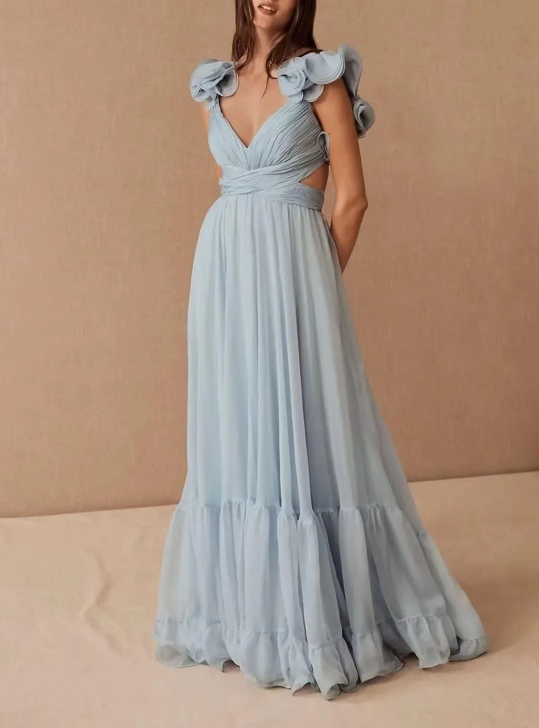 SHANDUAO Backless Chiffon Formal Evening Dresses Ruffles V Neck A Line Bridesmaid Dresses