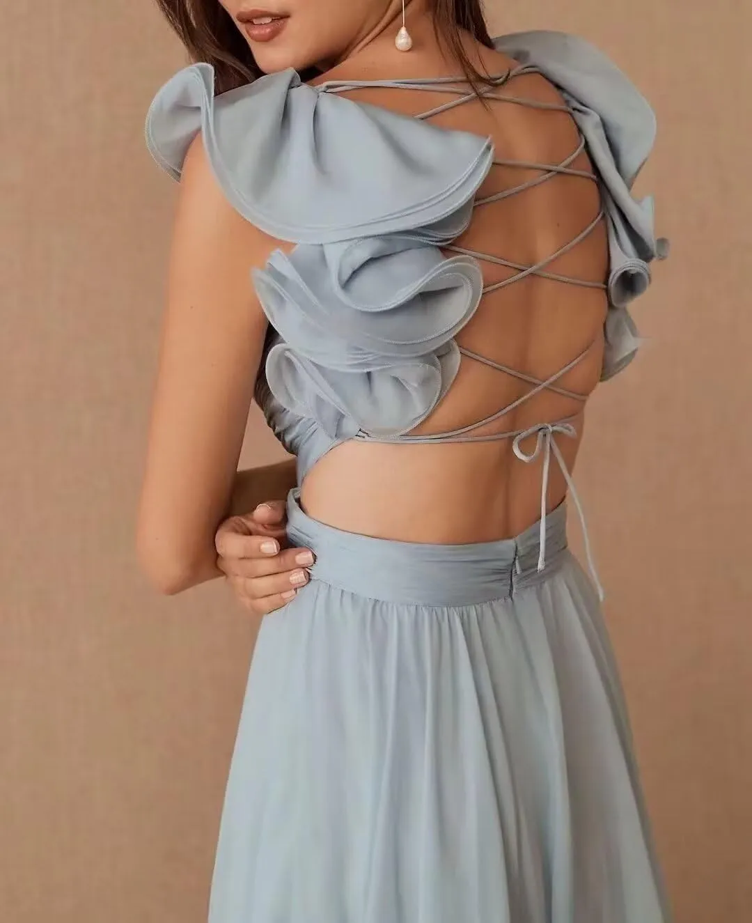 SHANDUAO Backless Chiffon Formal Evening Dresses Ruffles V Neck A Line Bridesmaid Dresses