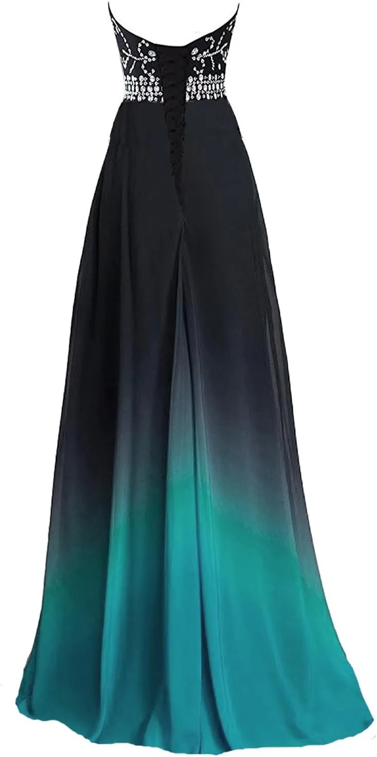 Sheer Beaded Halter Gradient Ombre Chiffon Long Prom Evening Dresses