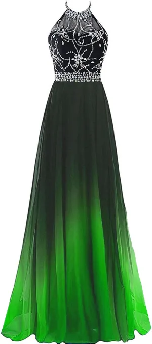 Sheer Beaded Halter Gradient Ombre Chiffon Long Prom Evening Dresses