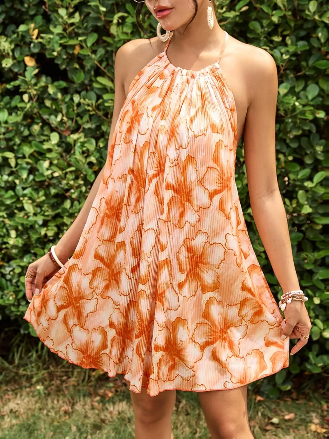 SHENHE Women's Floral Halter Dresses Sexy Backless Pleated Dress Flowy Mini Summer Dresses Party Vacation