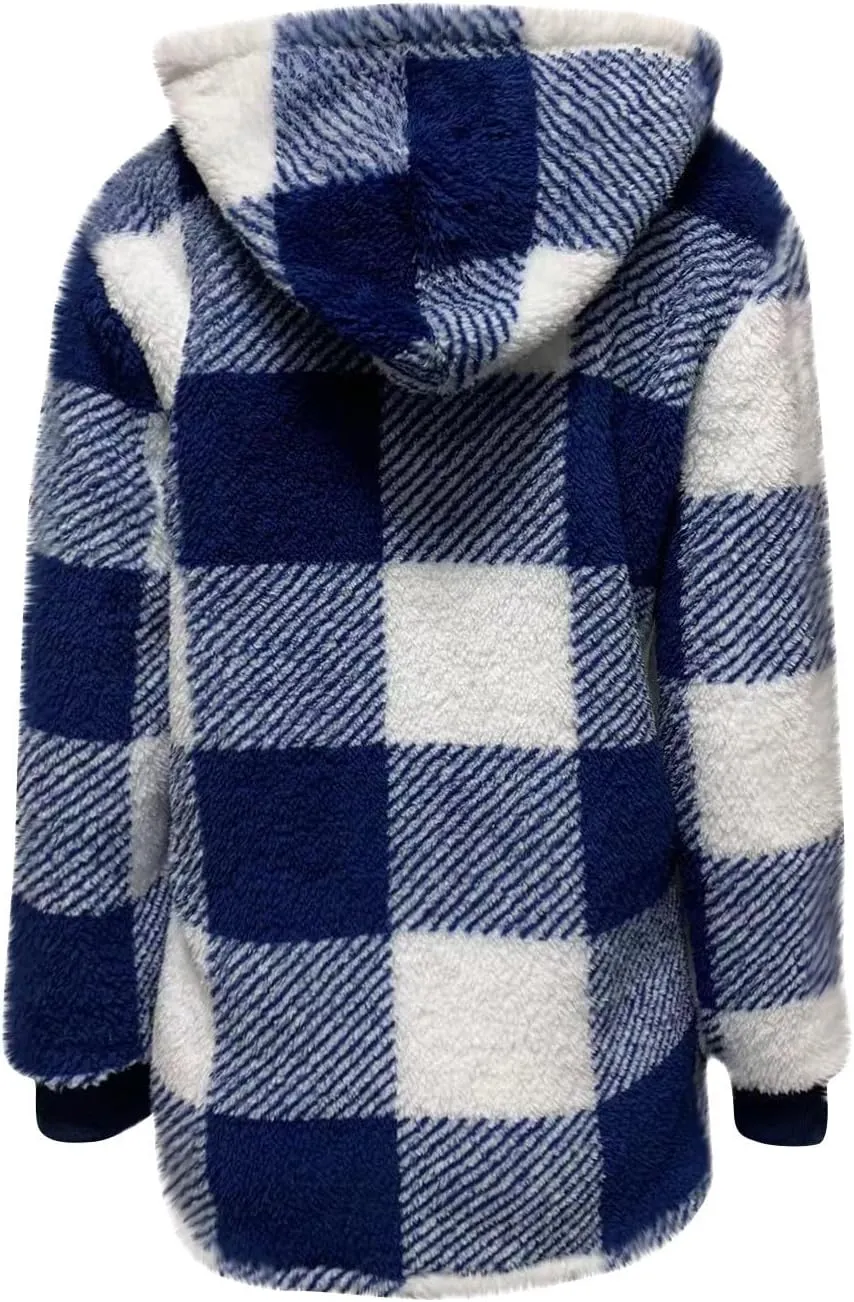 Sherpa Jacket Women Plaid Fuzzy Zip Up Hoodie Warm Plus Size Fleece Jacket Oversized Faux Fur Coat with Pockets