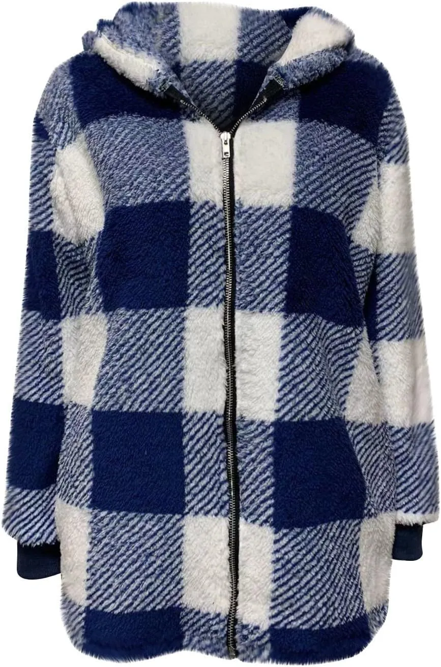Sherpa Jacket Women Plaid Fuzzy Zip Up Hoodie Warm Plus Size Fleece Jacket Oversized Faux Fur Coat with Pockets