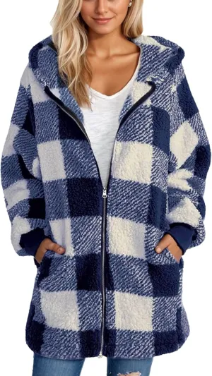 Sherpa Jacket Women Plaid Fuzzy Zip Up Hoodie Warm Plus Size Fleece Jacket Oversized Faux Fur Coat with Pockets