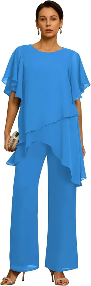 Short Sleeves Mother of the Bride Pant Suits for Wedding Chiffon Scoop Neck Wedding Guest Party Formal Outfit