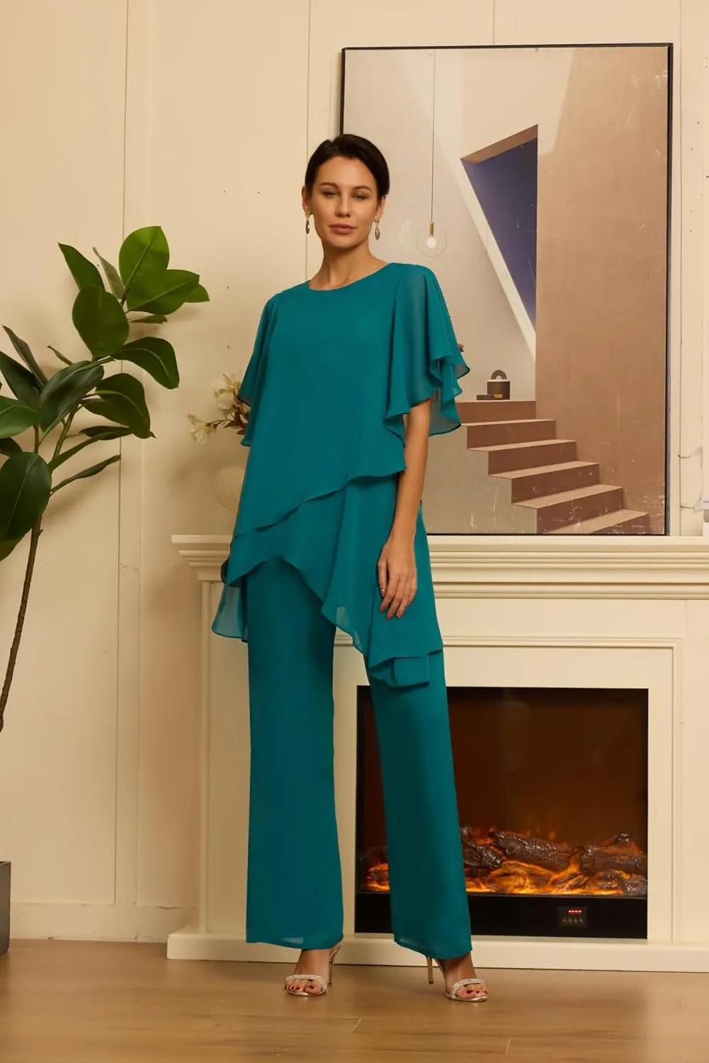 Short Sleeves Mother of the Bride Pant Suits for Wedding Chiffon Scoop Neck Wedding Guest Party Formal Outfit