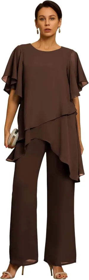 Short Sleeves Mother of the Bride Pant Suits for Wedding Chiffon Scoop Neck Wedding Guest Party Formal Outfit