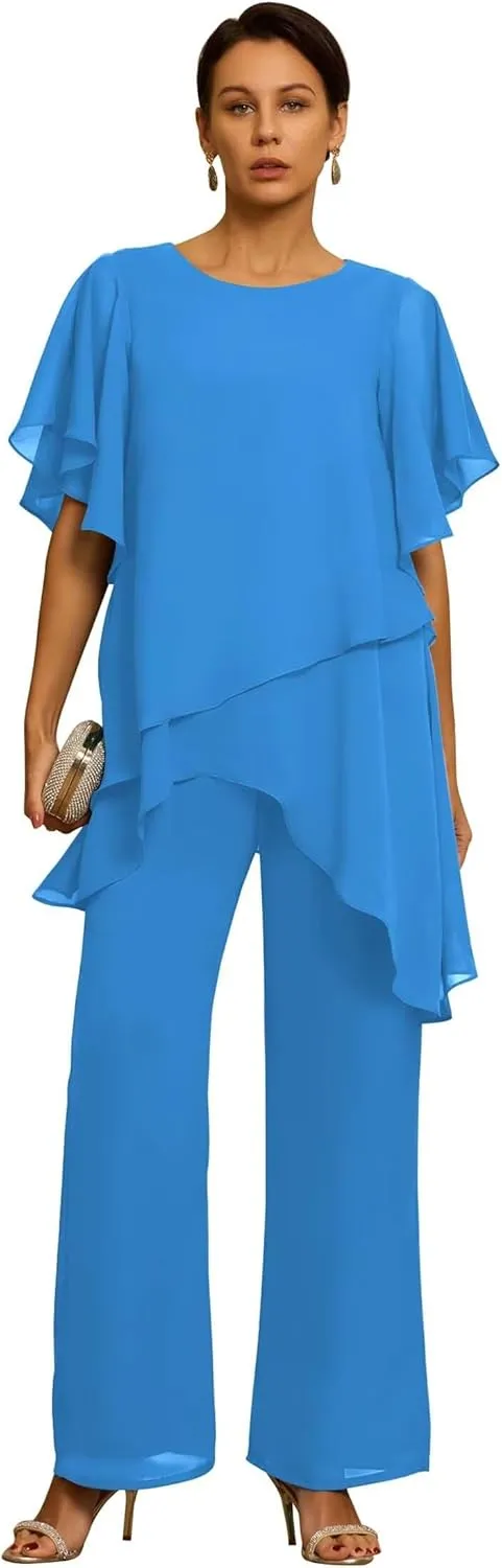 Short Sleeves Mother of the Bride Pant Suits for Wedding Chiffon Scoop Neck Wedding Guest Party Formal Outfit