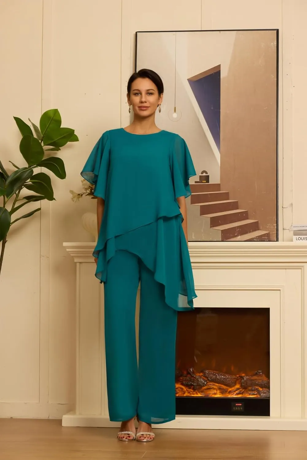 Short Sleeves Mother of the Bride Pant Suits for Wedding Chiffon Scoop Neck Wedding Guest Party Formal Outfit