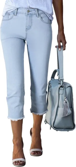 Sidefeel Women's Capri Jeans High Waisted 2025 Spring Fashion Straight Leg Raw Hem Denim Capri Pants