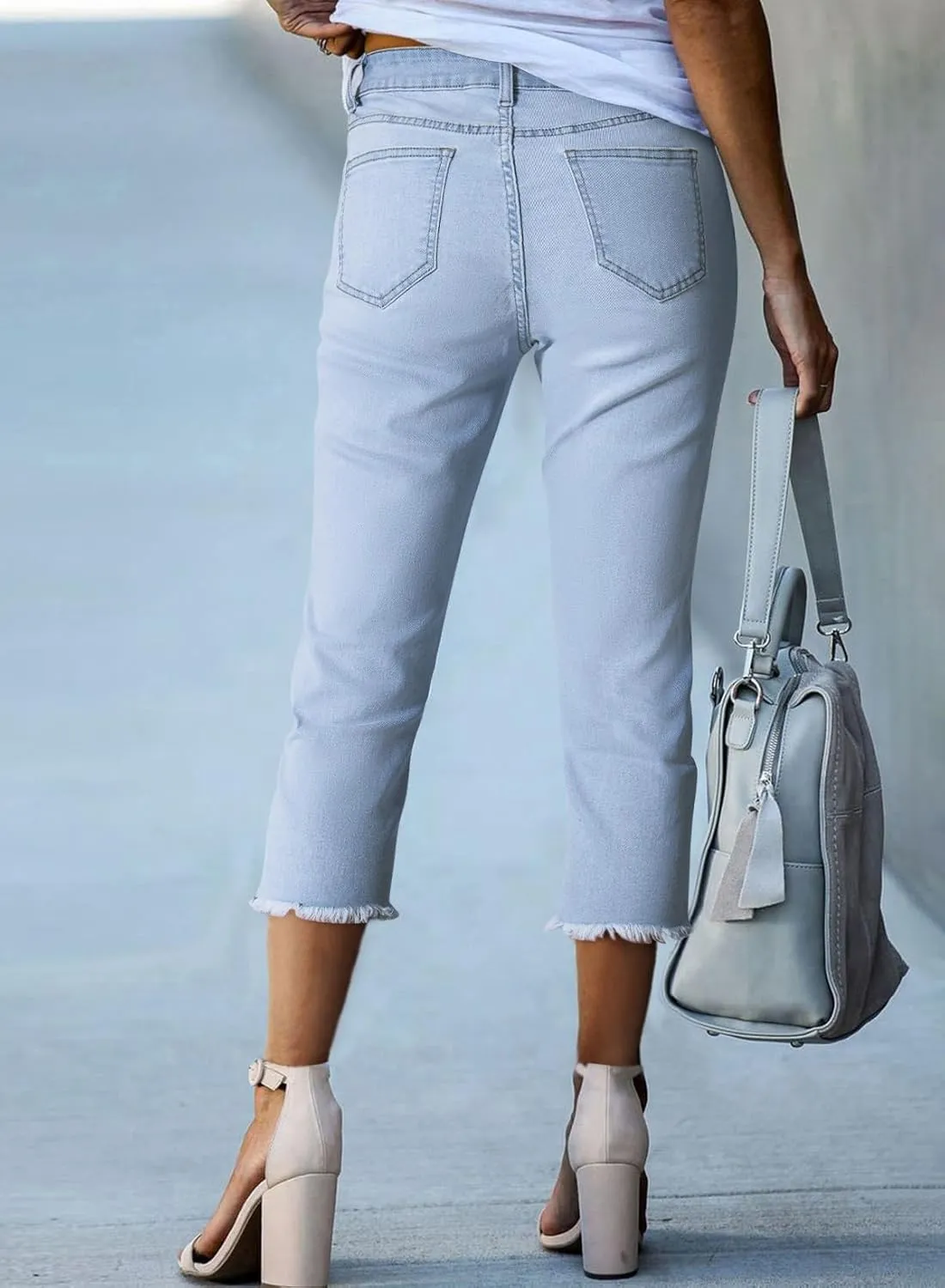 Sidefeel Women's Capri Jeans High Waisted 2025 Spring Fashion Straight Leg Raw Hem Denim Capri Pants
