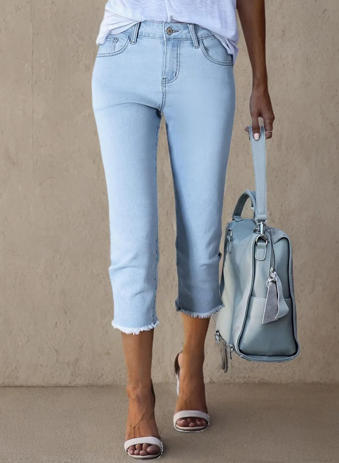 Sidefeel Women's Capri Jeans High Waisted 2025 Spring Fashion Straight Leg Raw Hem Denim Capri Pants