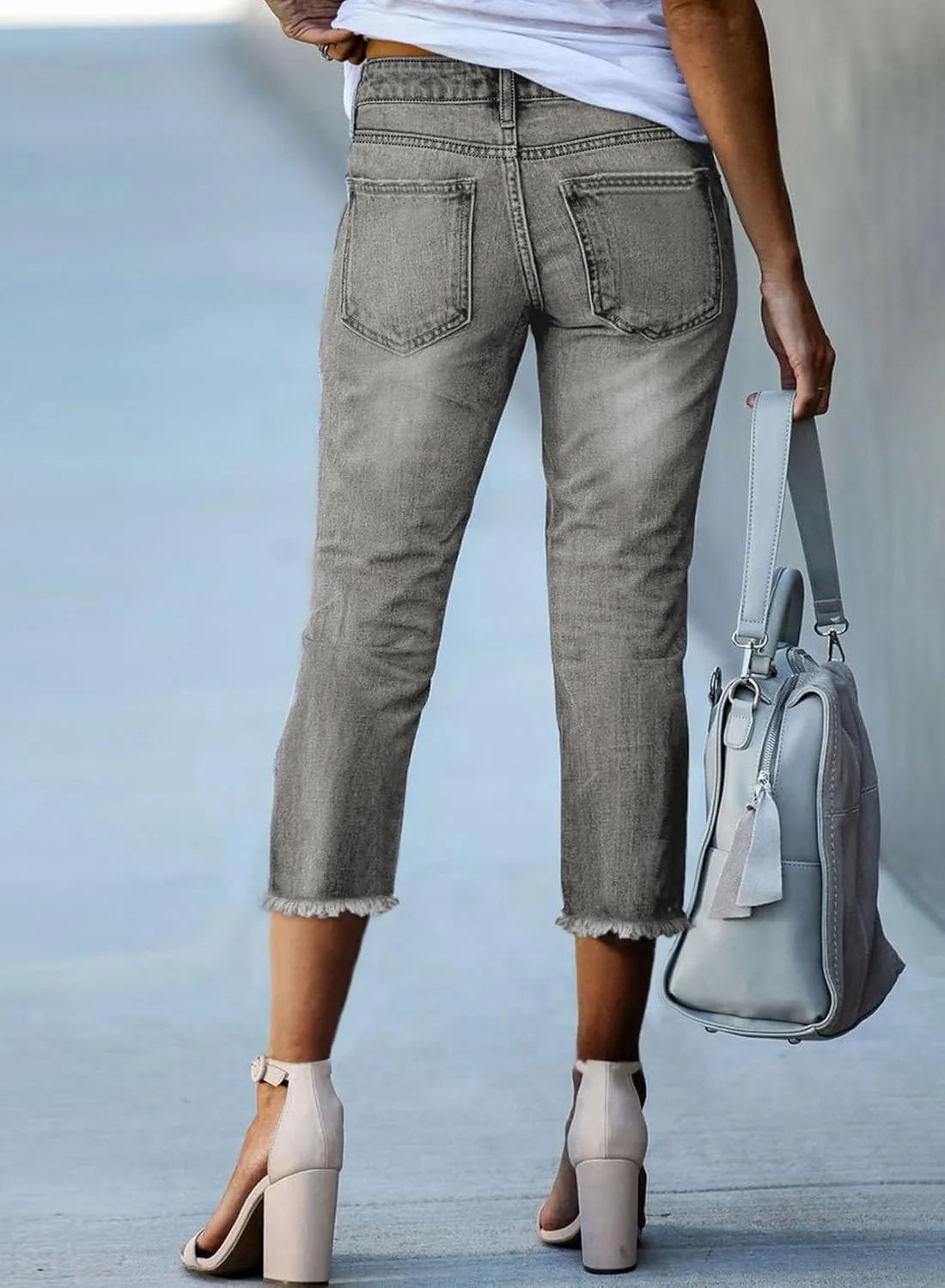 Sidefeel Women's Capri Jeans High Waisted 2025 Summer Fashion Straight Leg Raw Hem Denim Capri Pants