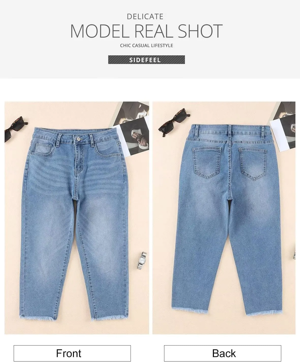 Sidefeel Women's Capri Jeans High Waisted 2025 Summer Fashion Straight Leg Raw Hem Denim Capri Pants