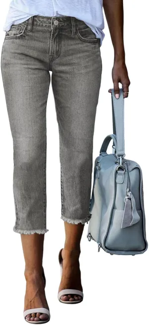 Sidefeel Women's Capri Jeans High Waisted 2025 Summer Fashion Straight Leg Raw Hem Denim Capri Pants