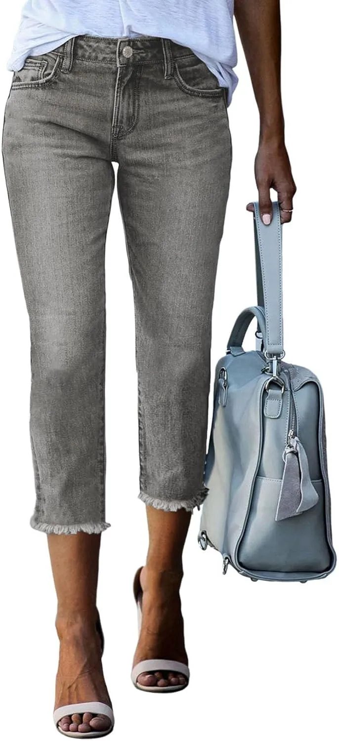 Sidefeel Women's Capri Jeans High Waisted 2025 Summer Fashion Straight Leg Raw Hem Denim Capri Pants