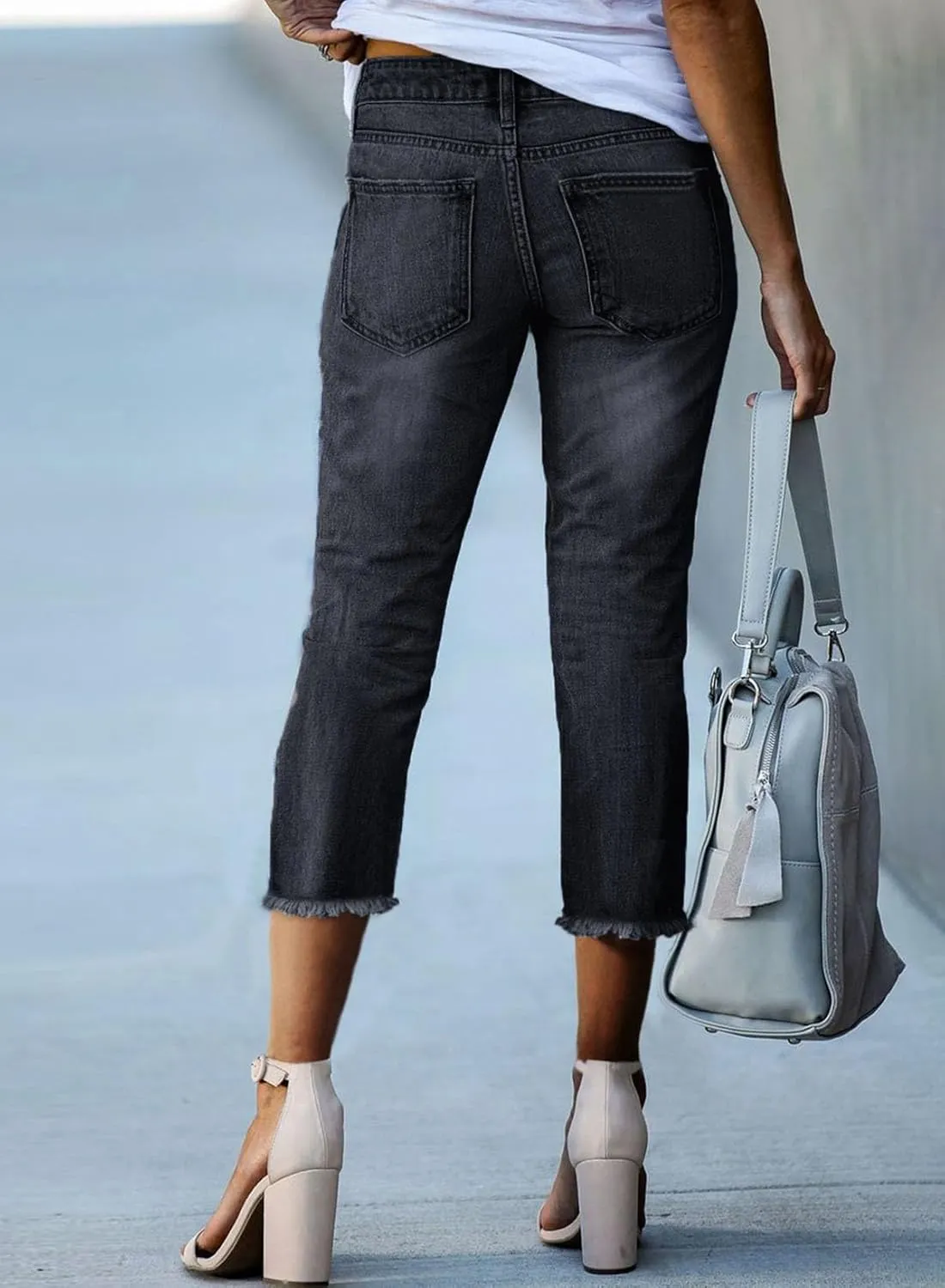 Sidefeel Women's Capri Jeans High Waisted 2025 Summer Fashion Straight Leg Raw Hem Denim Capri Pants