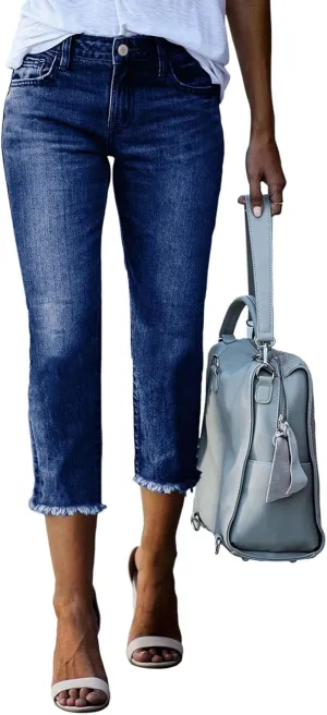 Sidefeel Women's Capri Jeans High Waisted 2025 Summer Fashion Straight Leg Raw Hem Denim Capri Pants