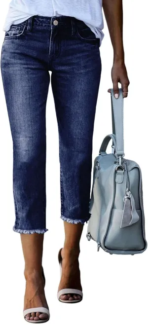 Sidefeel Women's Capri Jeans High Waisted 2025 Summer Fashion Straight Leg Raw Hem Denim Capri Pants
