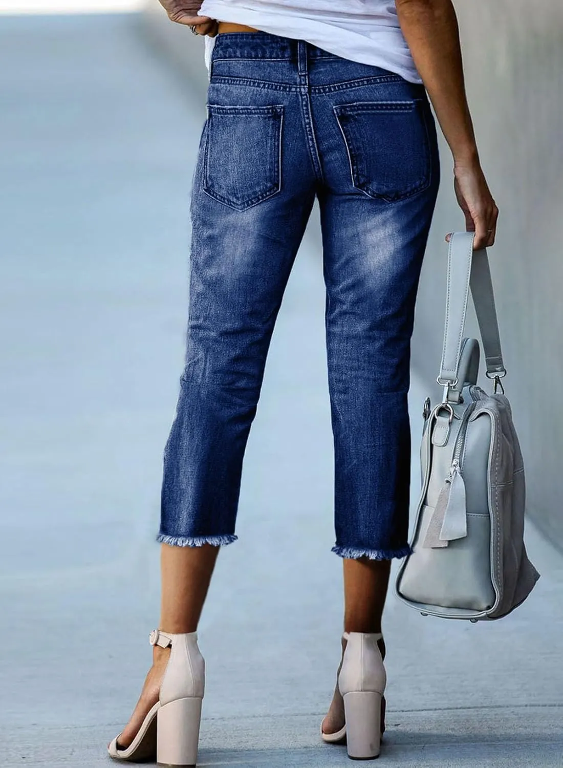 Sidefeel Women's Capri Jeans High Waisted 2025 Summer Fashion Straight Leg Raw Hem Denim Capri Pants