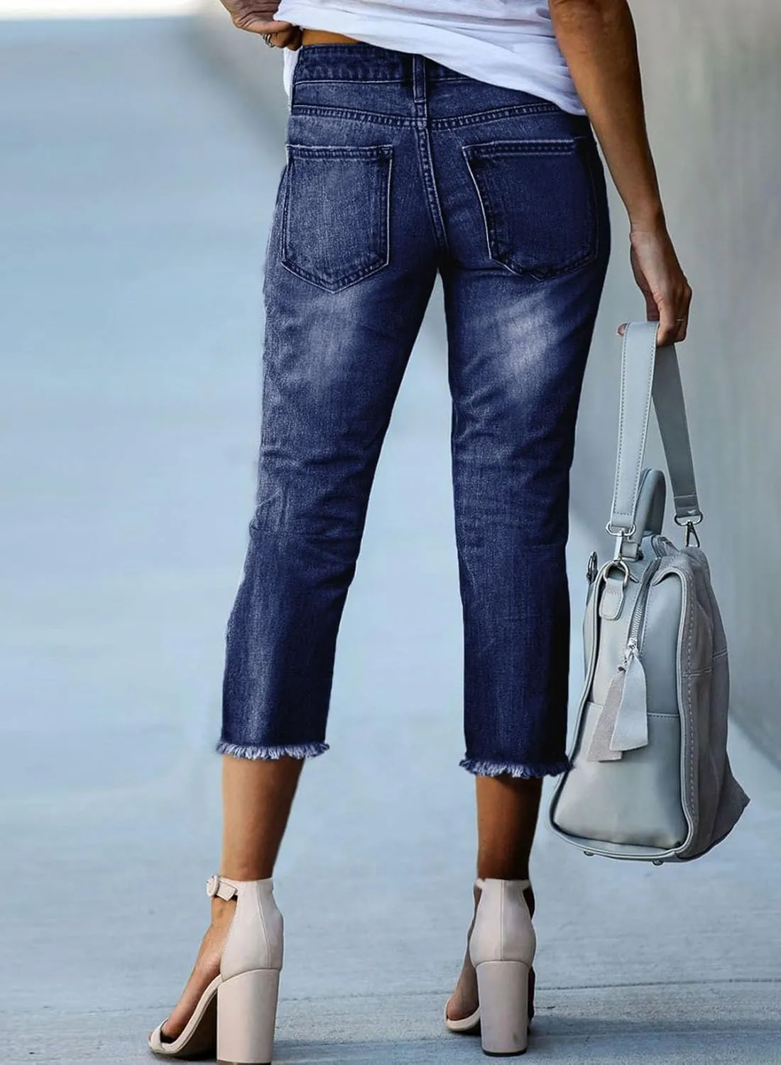 Sidefeel Women's Capri Jeans High Waisted 2025 Summer Fashion Straight Leg Raw Hem Denim Capri Pants