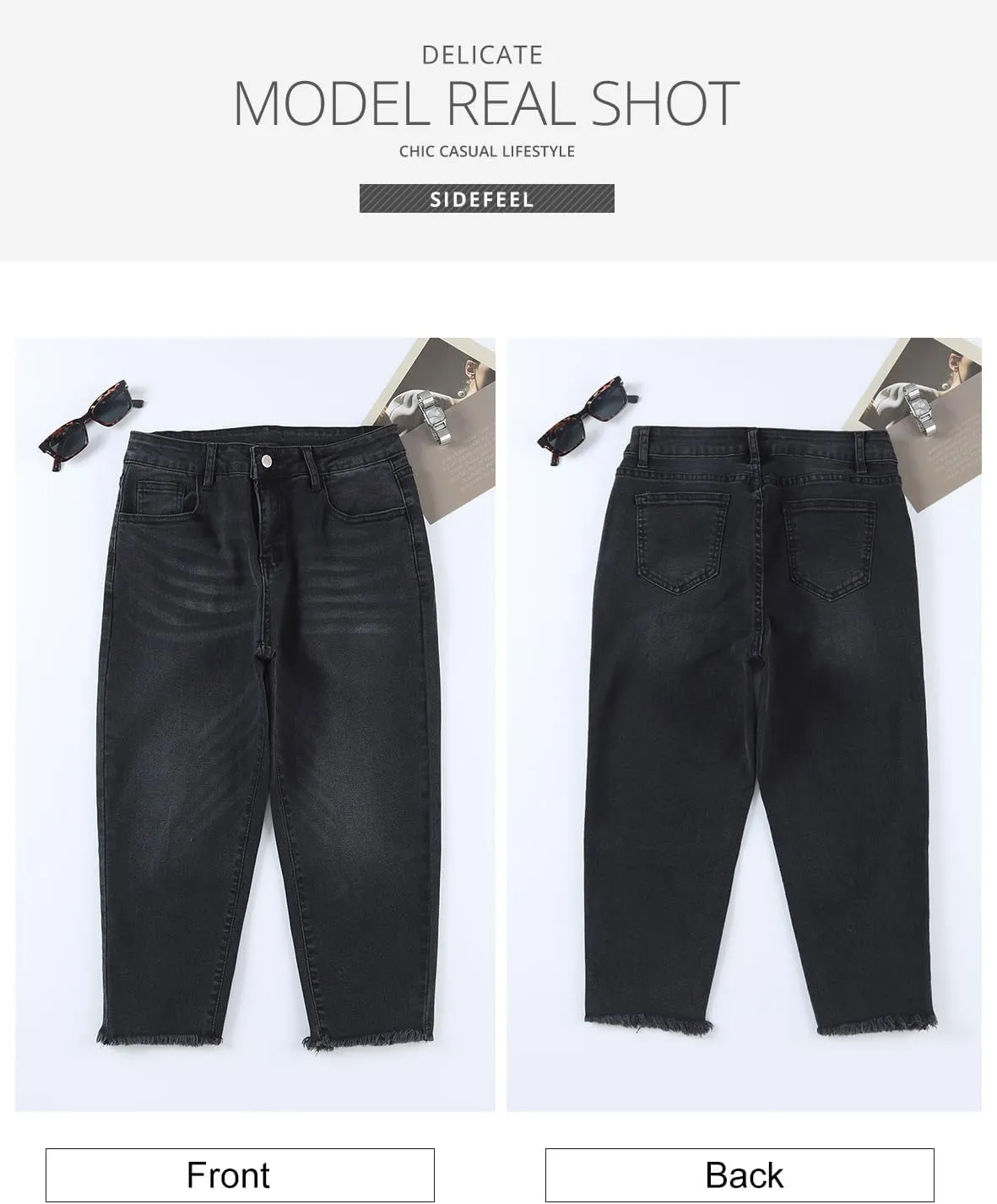 Sidefeel Women's Capri Jeans High Waisted 2025 Summer Fashion Straight Leg Raw Hem Denim Capri Pants