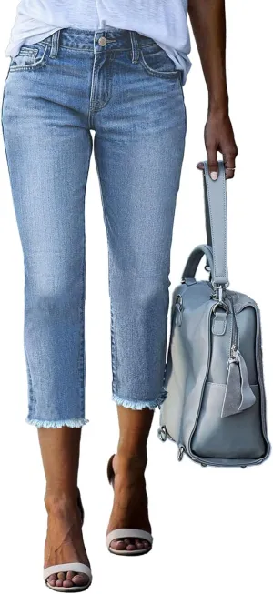 Sidefeel Women's Capri Jeans High Waisted 2025 Summer Fashion Straight Leg Raw Hem Denim Capri Pants