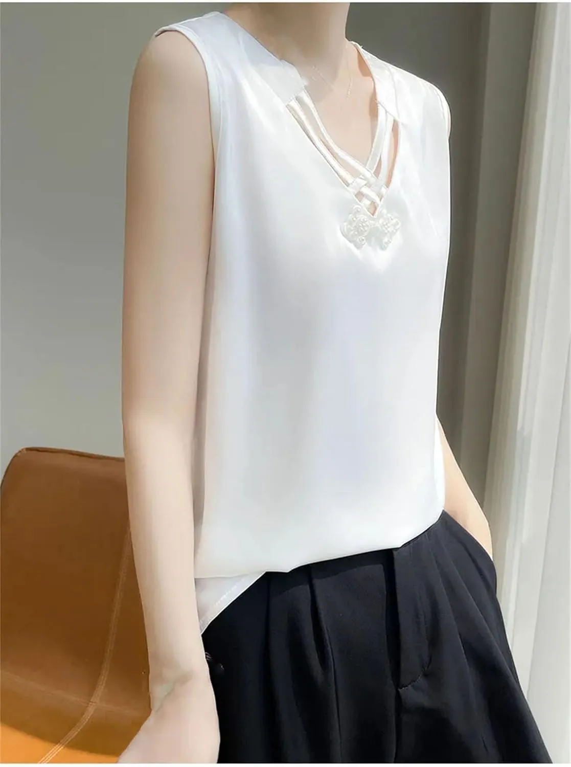 Silk Camisole Tops for Women V-Neck Sexy Suspender Top Satin Chinese Knot Sling
