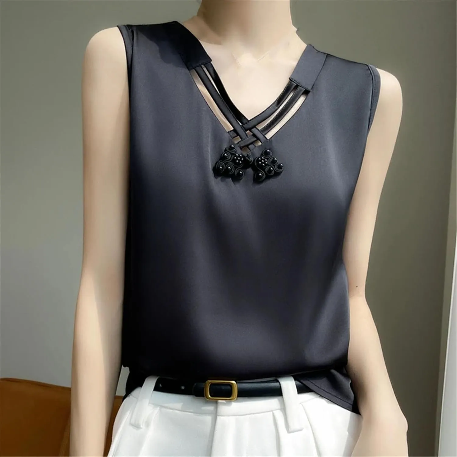 Silk Camisole Tops for Women V-Neck Sexy Suspender Top Satin Chinese Knot Sling