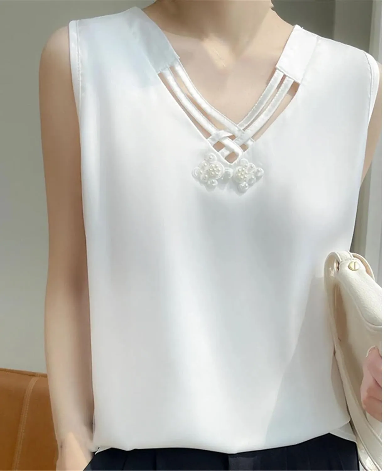 Silk Camisole Tops for Women V-Neck Sexy Suspender Top Satin Chinese Knot Sling