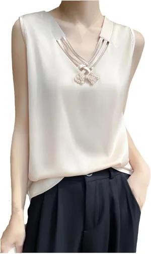 Silk Camisole Tops for Women V-Neck Sexy Suspender Top Satin Chinese Knot Sling