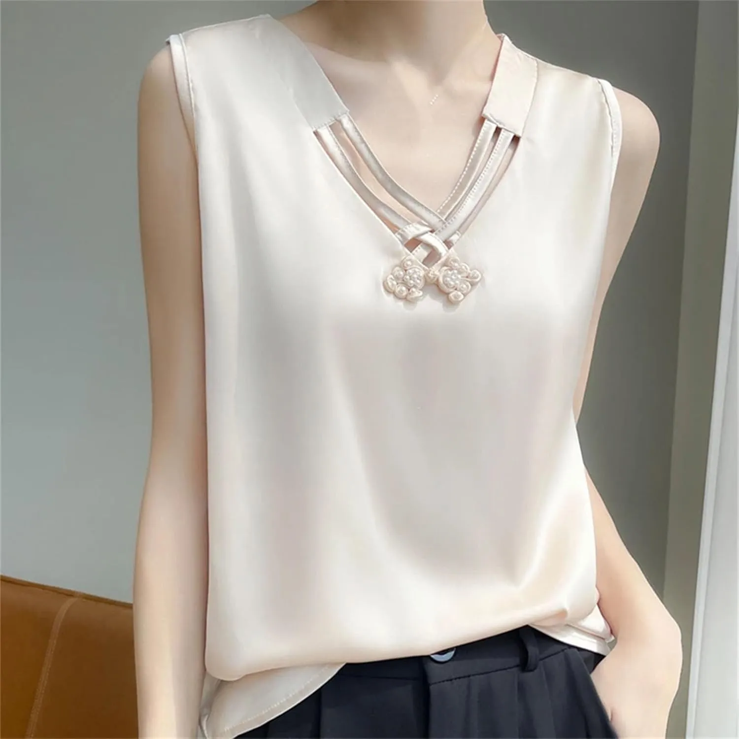 Silk Camisole Tops for Women V-Neck Sexy Suspender Top Satin Chinese Knot Sling